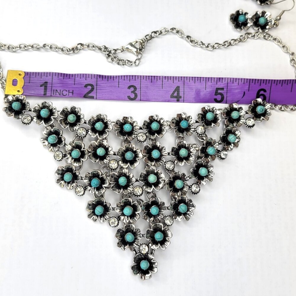 Silver Turquoise Rhinestone Flower Bib Necklace - Picture 8 of 16